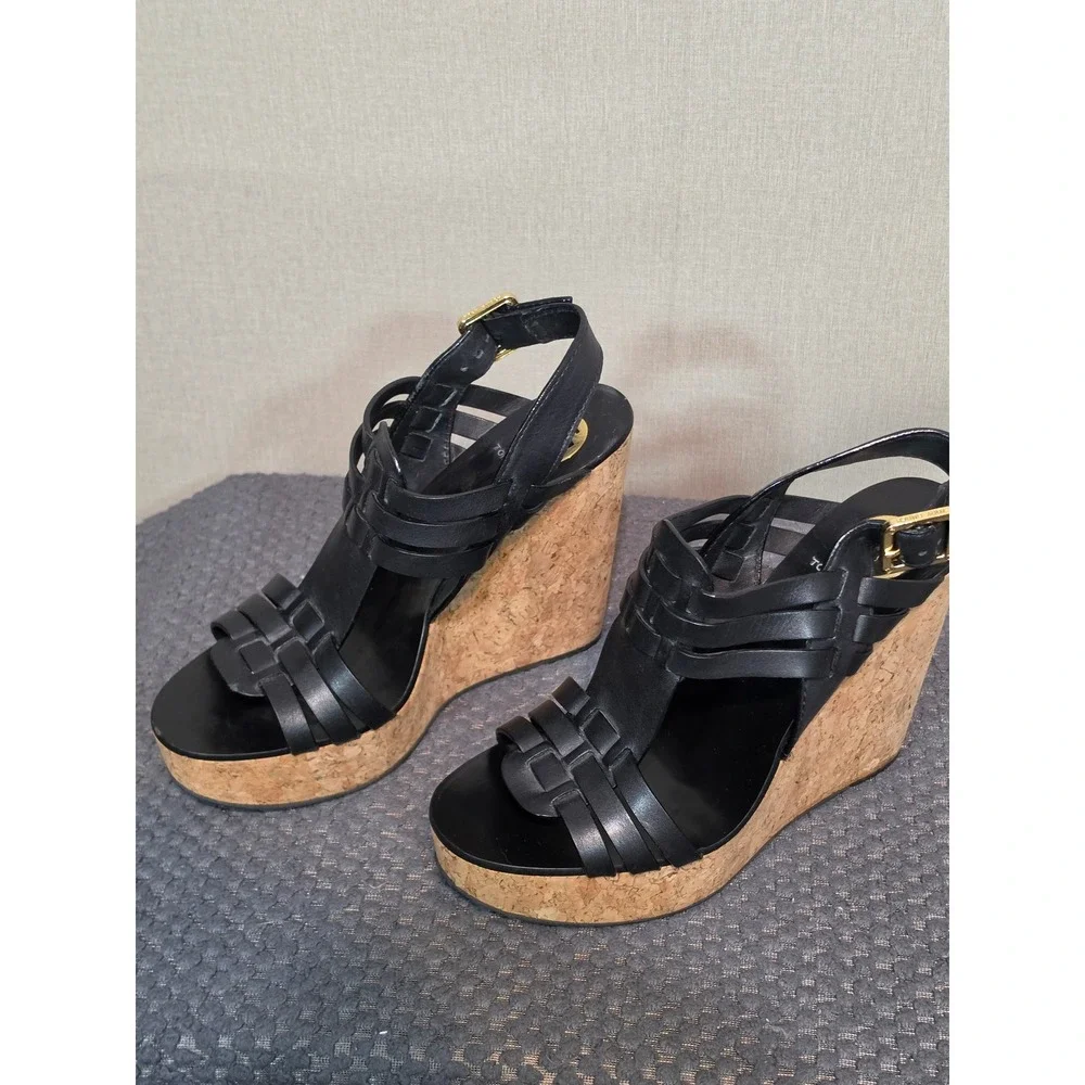 Tory Burch Black Leather Strappy Cork Platform Wedge Sandals Gold Logo 8M